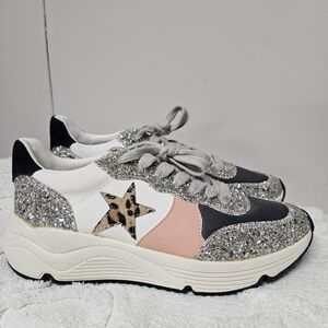 Mi.iM Roxy Glitter Leopard Star Sneakers Size 8 Walking Comfortable Chunky Shoe